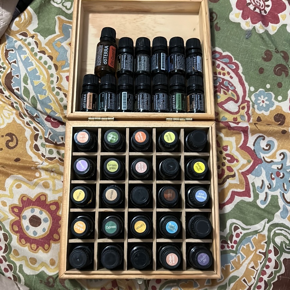 Empty Doterra bottles and wooden box
